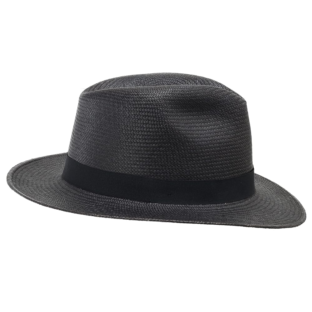ULTRAFINO Bayfield Pinch Front Black Straw Panama Fedora Hat